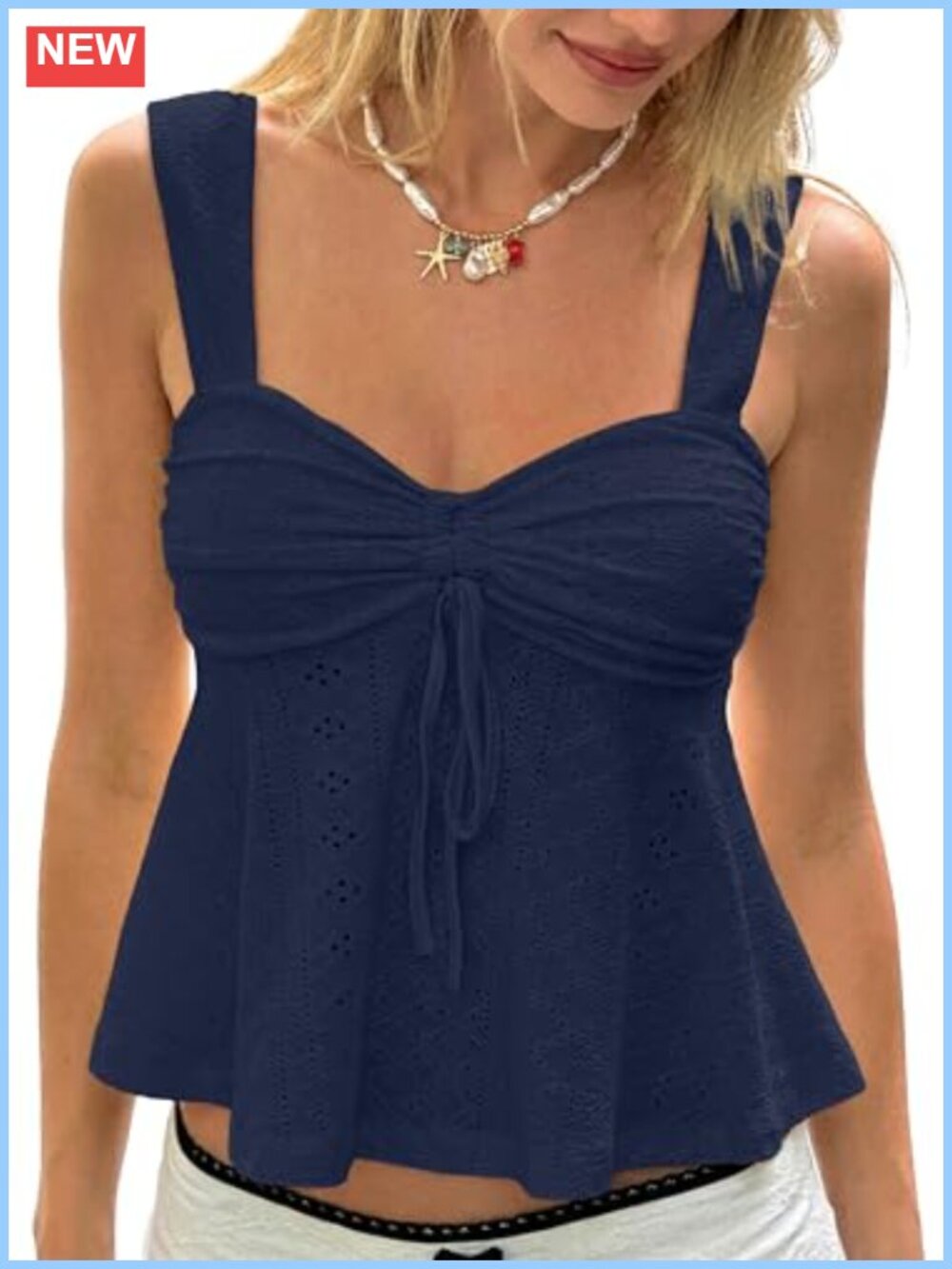 Sweetheart Neck Eyelet Crop Peplum Tank Top Tie Front Ruched Babydoll Summer